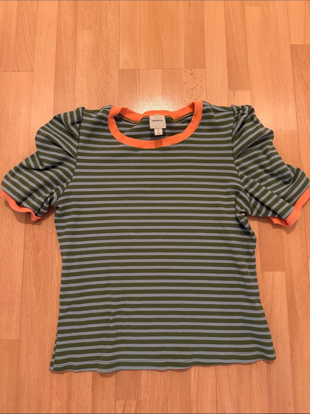 Anthropologie Olive & Light Blue Striped Tee with Orange Trim